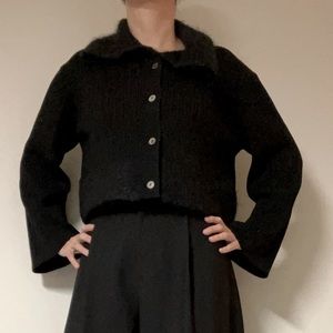 Dries Van Noten Vintage Black Wool Cardigan with Boucle Collar and Trim. Size S
